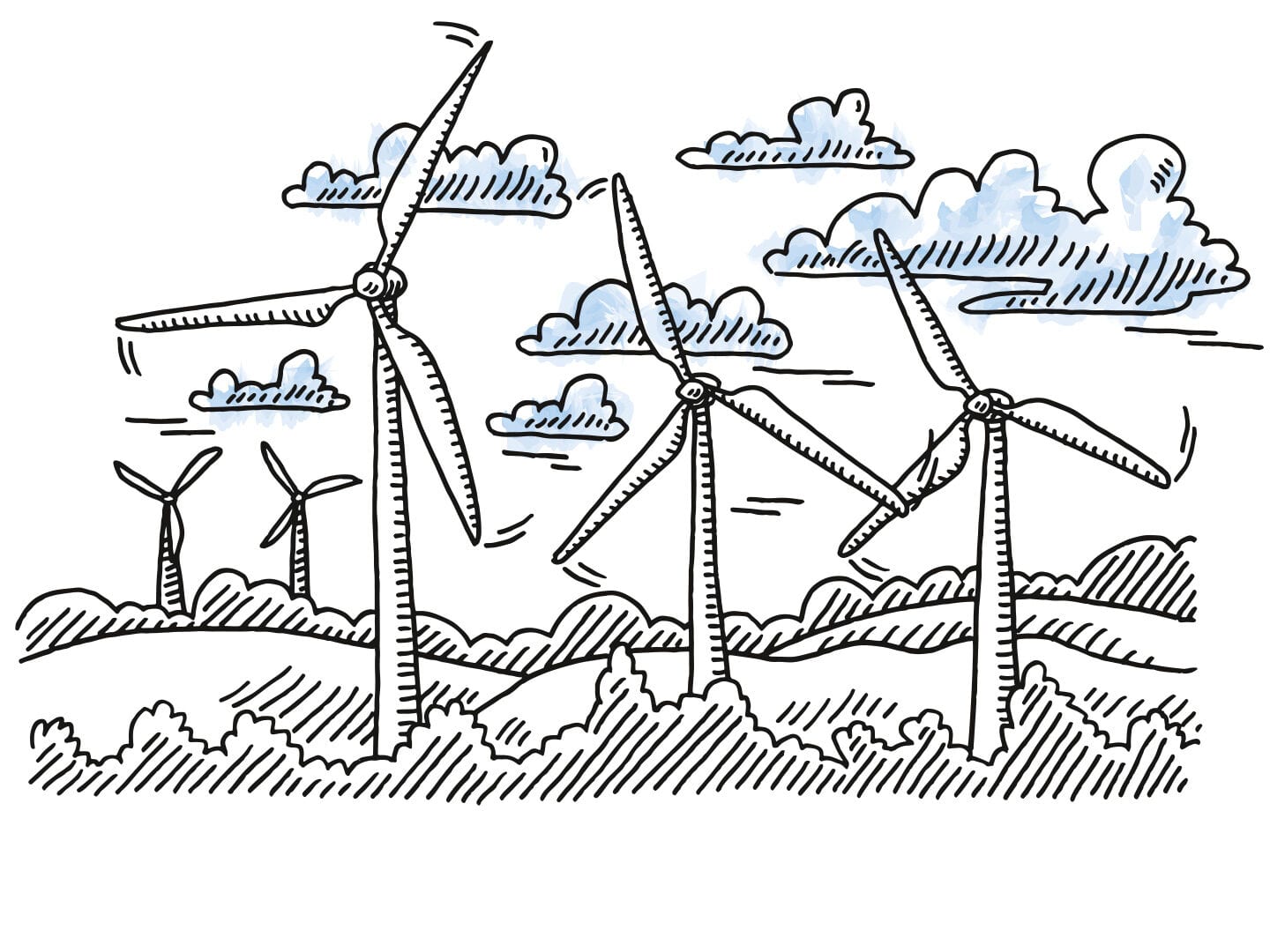 Eine Skizze von Windrädern auf einer Weide die Windenergie generieren