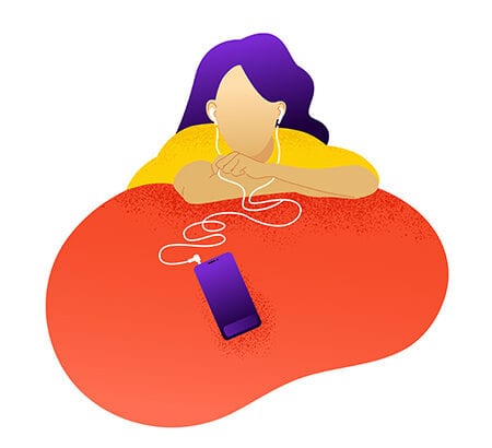 Illustration einer Frau die über das Smartphone Audioinhalte hört