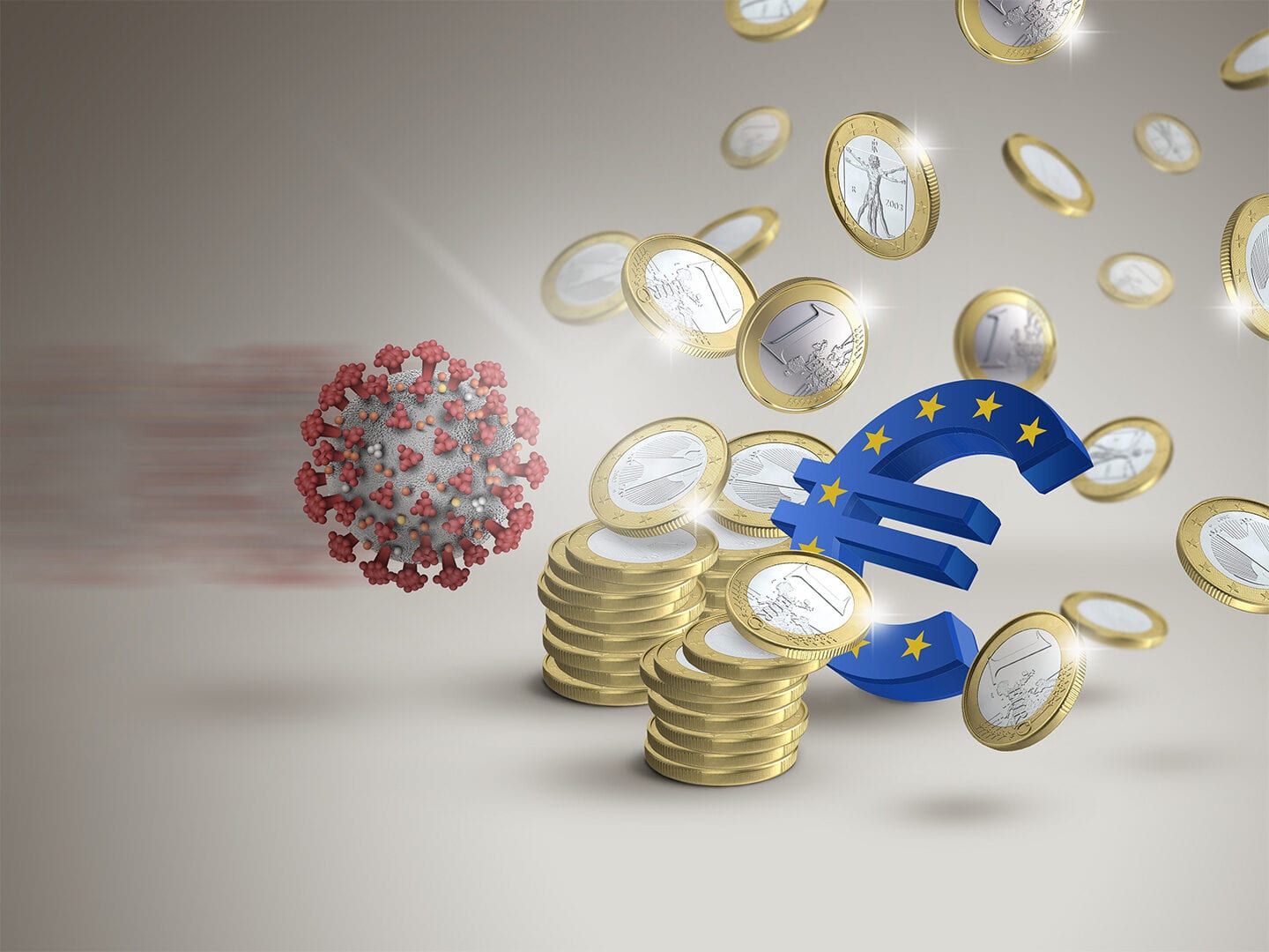 Ein Coronavirus im Hintergrund, im Vordergrund Euromünzen