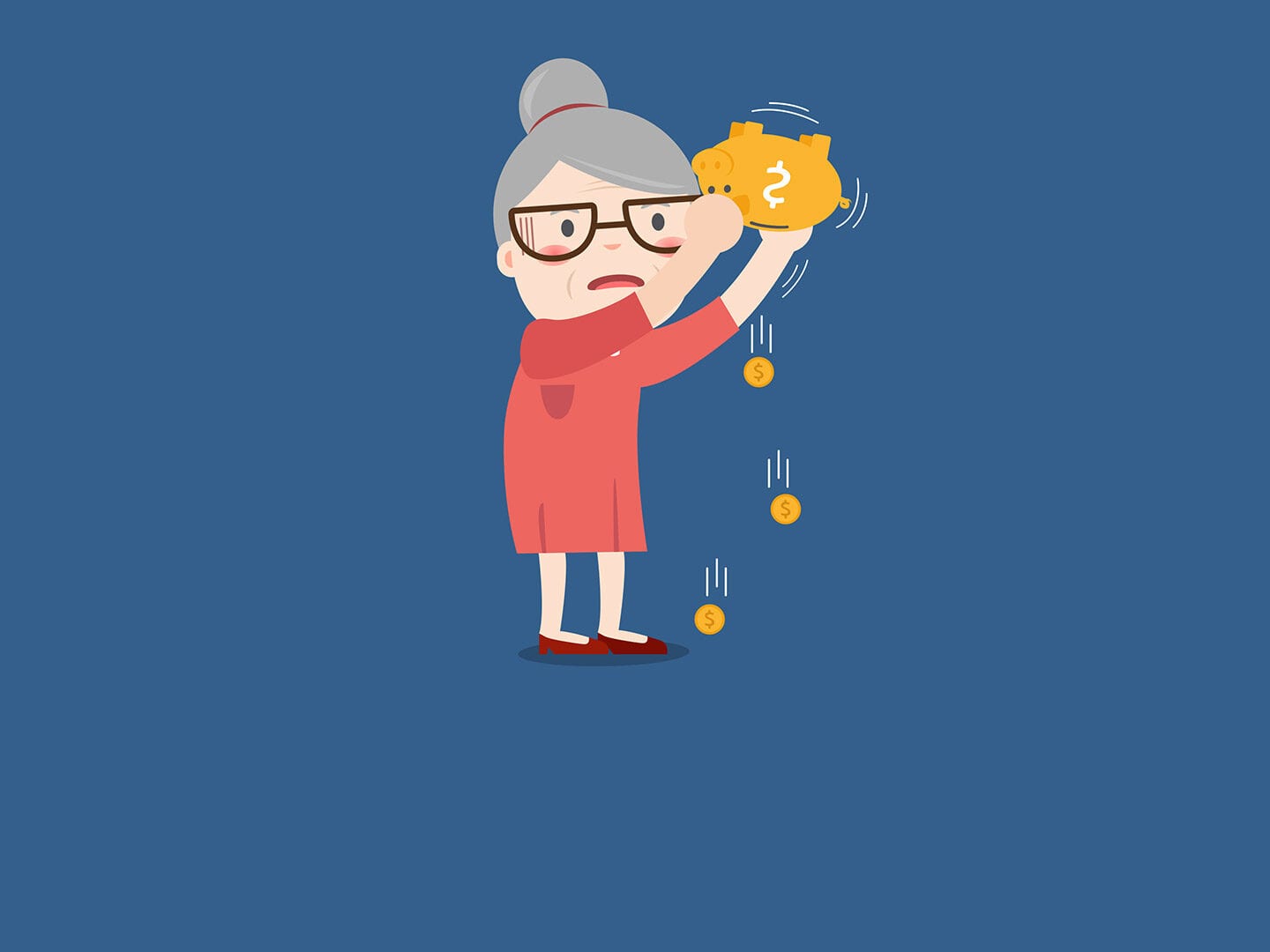 Illustration einer älteren Dame die eine Spardose in der Hand hat aus der ein paar Münzen fliegen
