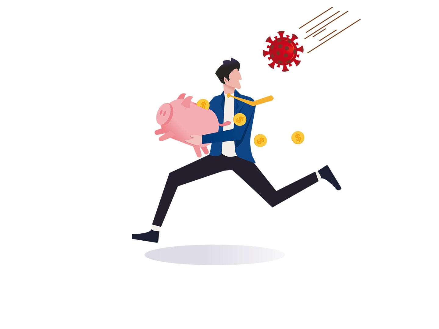 Illustration eines Mann mit einem Sparschwein in der Hand, der vor einem Coronavirus davon rennt