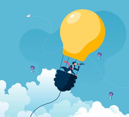 Ein fliegender Ballon in Form einer Glühlampe. Darin sitzt ein Mann mit einem Fernrohr und hält Ausschau. Comicartige Darstellung.