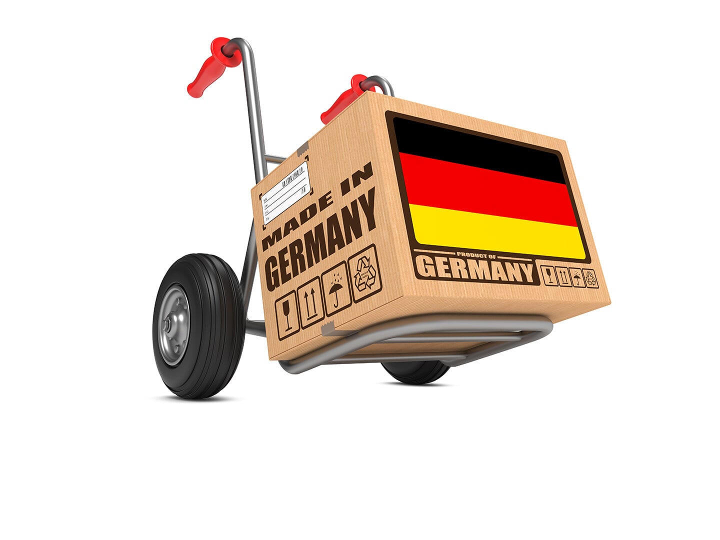 Eine Sackkarre transportiert ein Paket mit der Aufschrift Made in Germany.