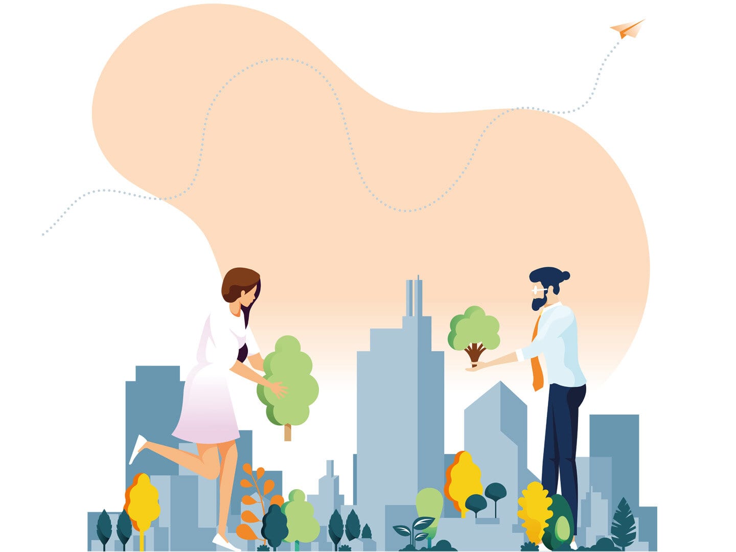 Zeichnung von zwei Menschen die Pflanzen in eine Stadt setzen