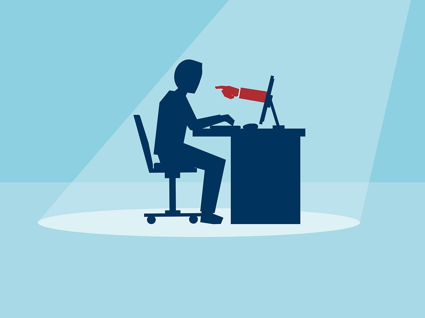 Mann sitzt im Schatten am Schreibtisch mit Computer. Aus dem Bildschirm kommt eine rote Hand, die auf den Nutzer zeigt. Illustration in hell- und dunkelblau.