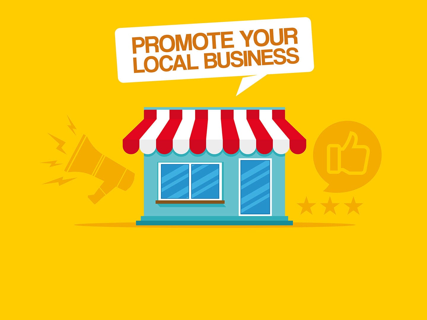 Illustration eines Geschäftes mit einer Sprechblase, in der steht: Promote your local Business