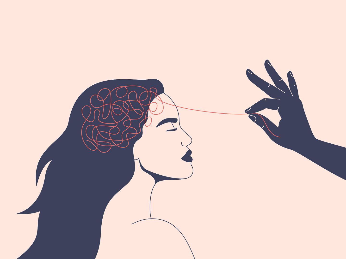 Illustration einer Frau, an ihrem Kopf ist ein Knäul aus Fäden, das eine Hände wird durch eine Hand weg gezogen