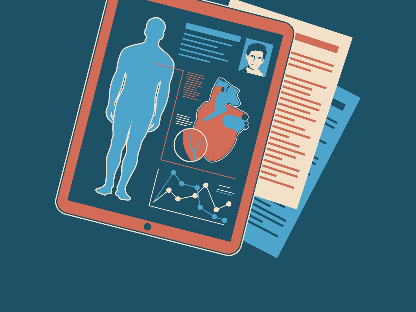 Illustration eines Tablets mit einem Körper und Herz. Darunter liegen Dokumente