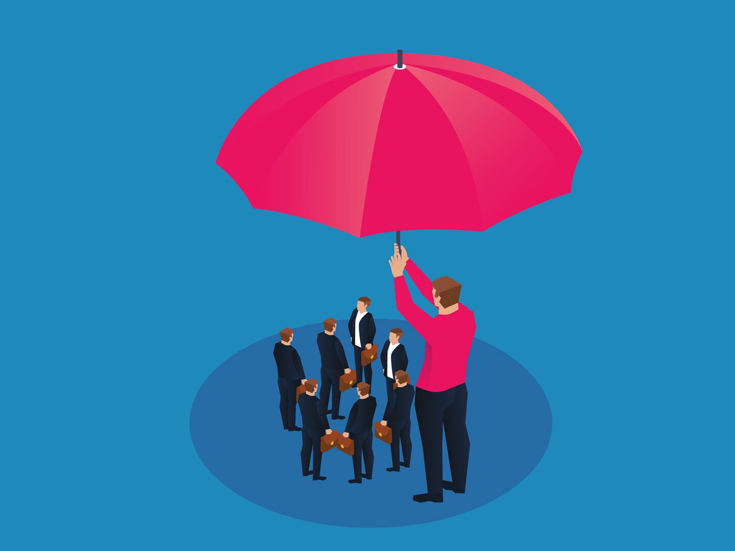 Illustration eines Mannes, der einen Schirm über Mitarbeitende hält