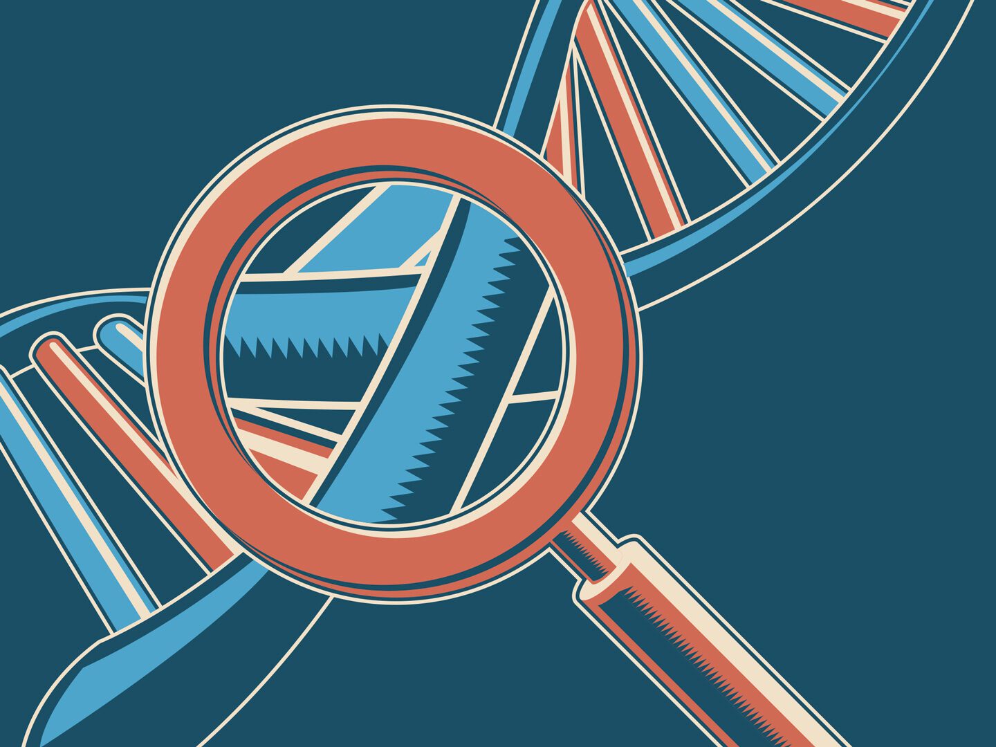 Illustration einer Lupe, die auf einen DNA Strang gerichtet ist