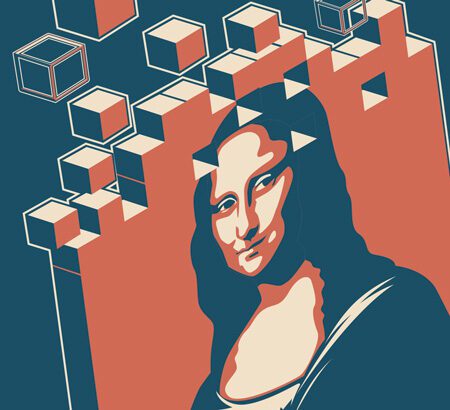 Illustration der Mona Lisa, die sich aus Bausteinen zusammensetzt