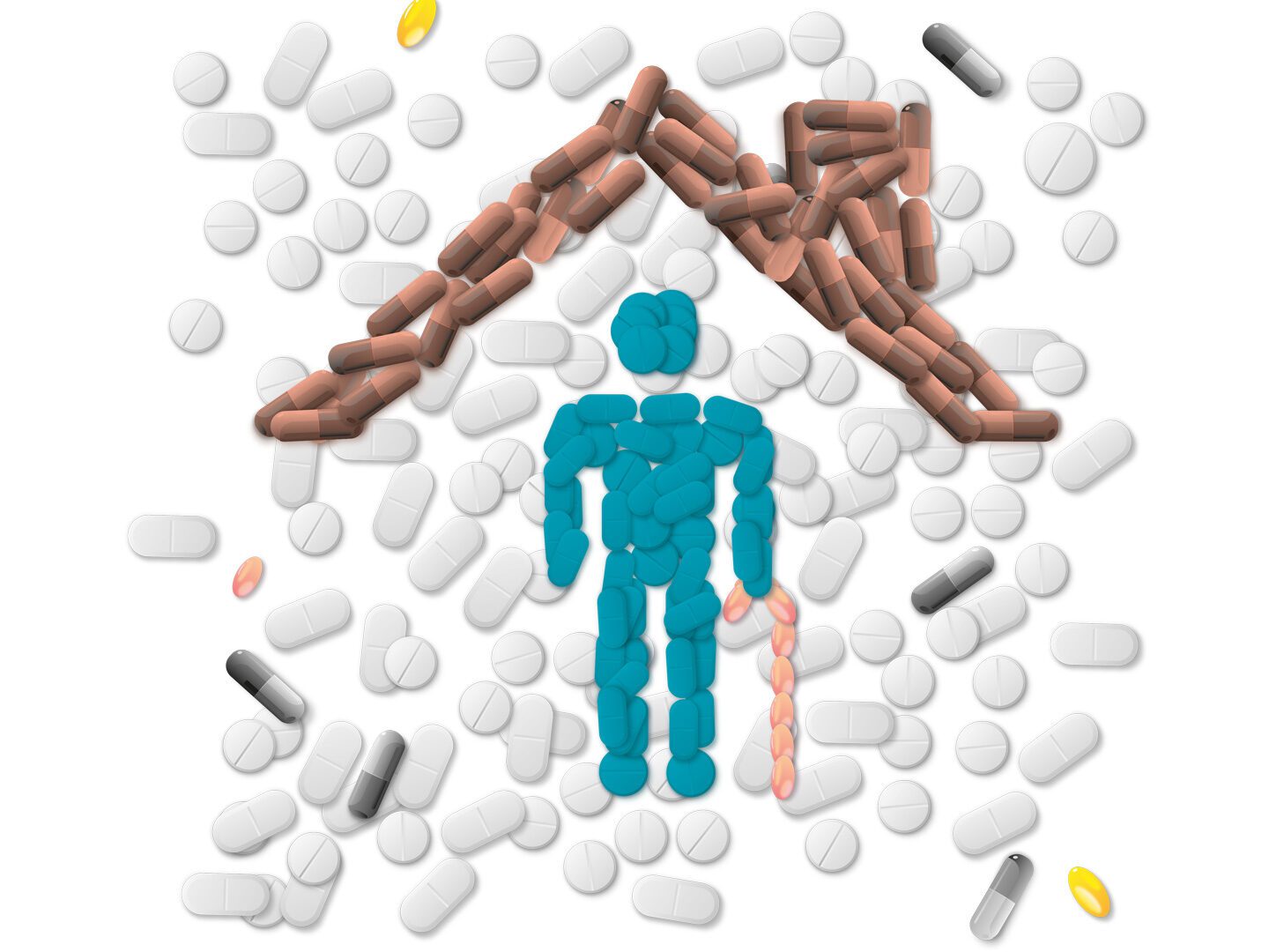 Illustration aus Pillen zeigt ein Piktogramm: Mensch mit Krückstock unter einem symbolisierten Dach.