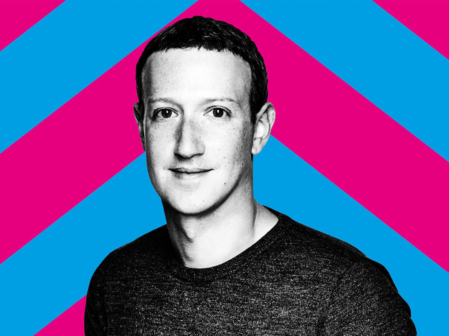 Portraitfoto von Meta-Chef Mark Zuckerberg in schwarz-weiß vor einem blau-pinken Hintergrund.