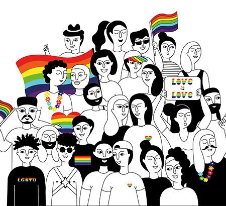 Illustration in schwarz-weiß mit vielen Menschen und unterschiedlichen Geschlechtern, die mit Regenbogenfahnen miteinander verbunden sind. Das Bild steht für Diversität und LGBTIQ+