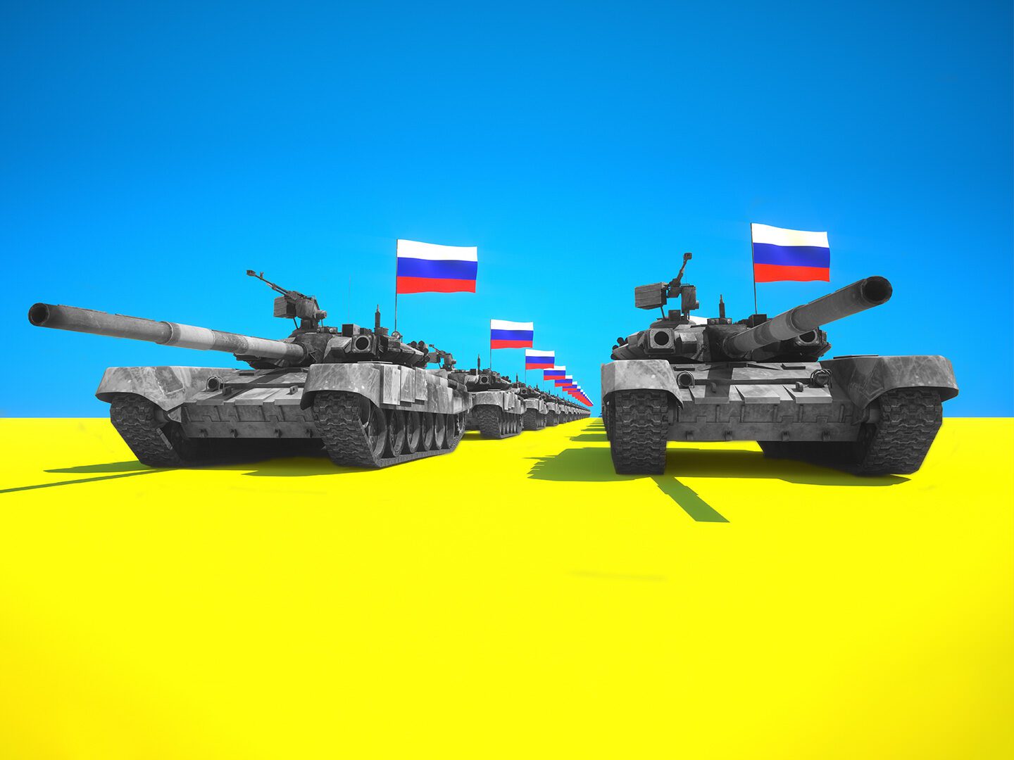 Krieg in der Ukraine: Panzer mit russischen Flaggen vor einem gelb-blauen Hintergrund.