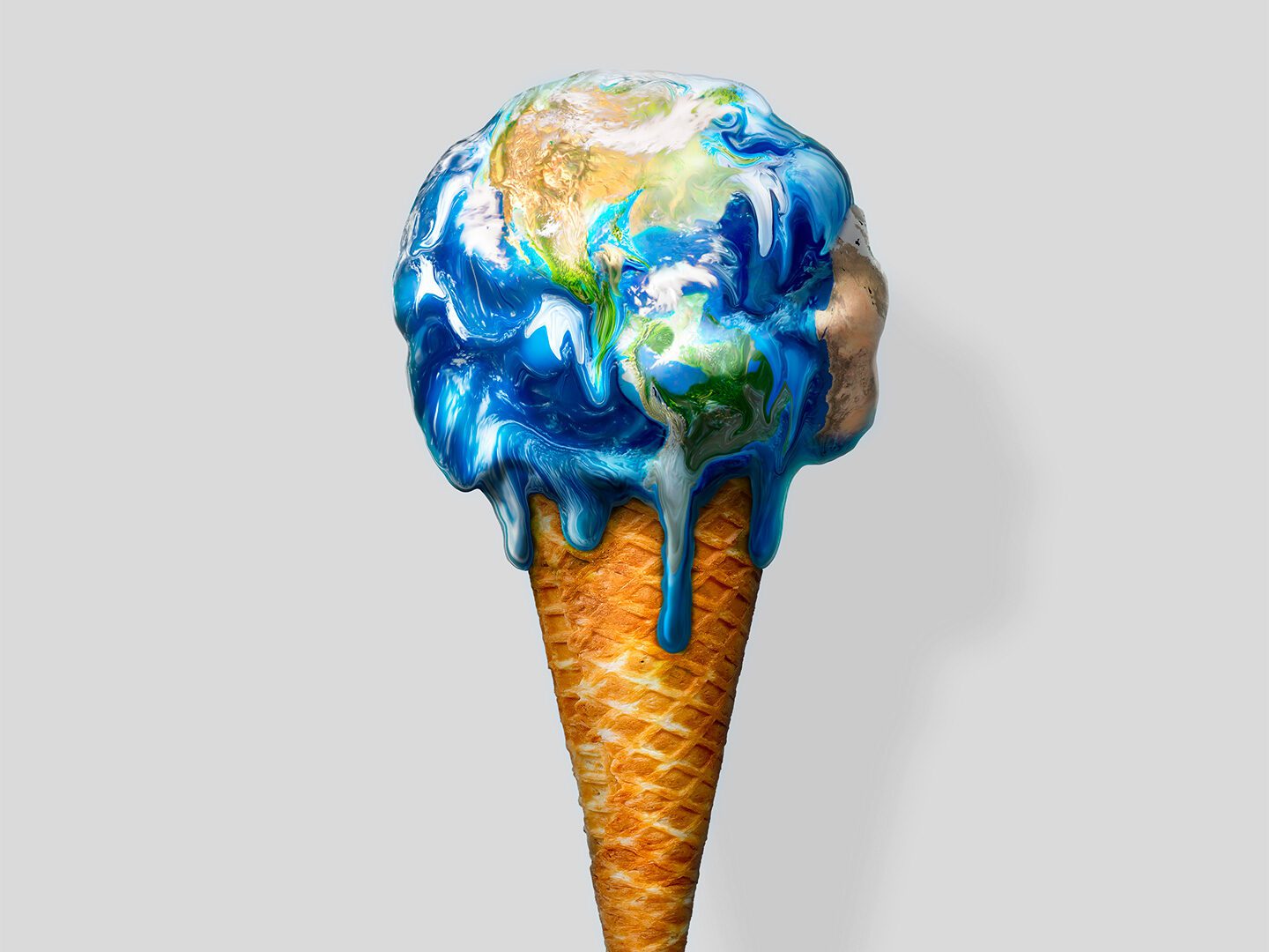 Illustration: Eine schmelzende Eiskugel, die aussieht wie der Planet Erde.