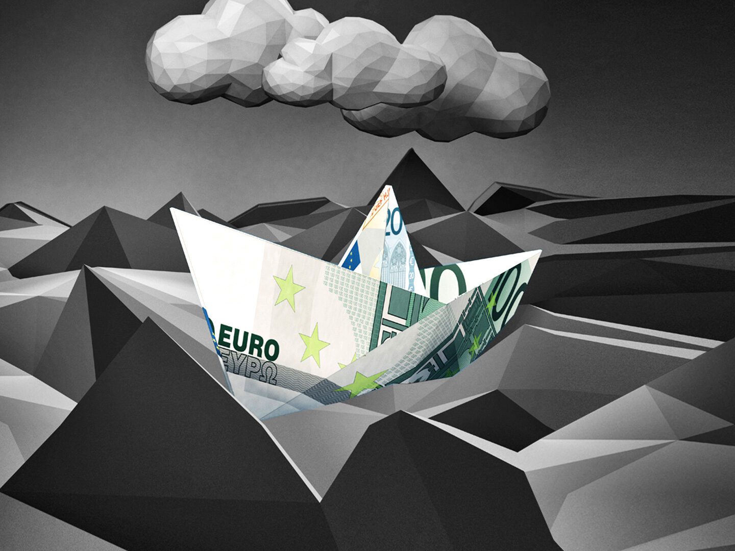 Illustration mit Euro-Geldscheinen gefaltet als Boot.