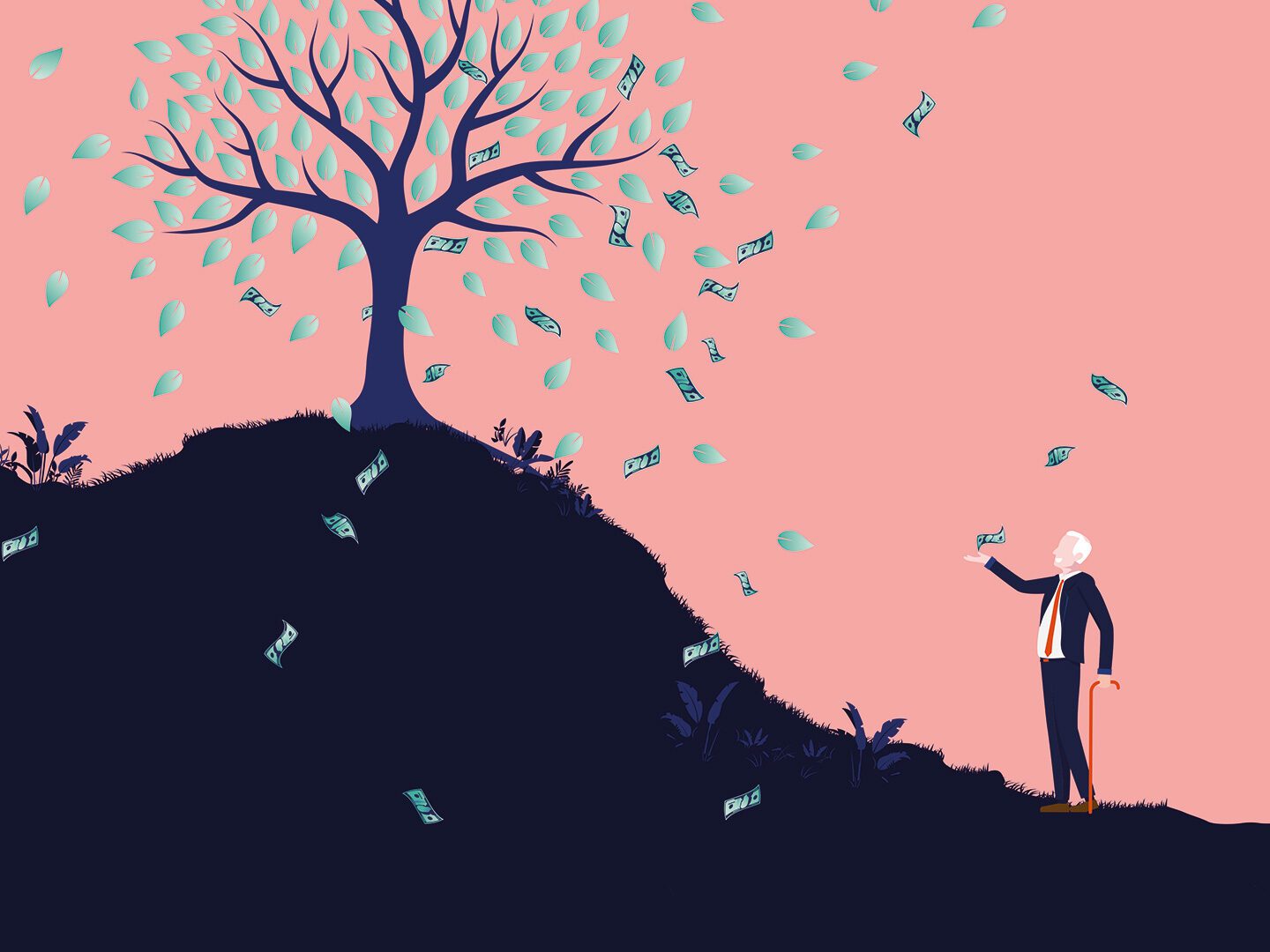 bAV-Illustration von einem Baum auf einem kleinen Hügel, von dem Geldscheine flattern. Unten steht ein Mann und fängt die Scheine auf.