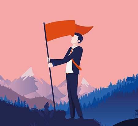 Illustration eines Mannes im Anzug, der eine rite Fahne auf einen Gipfel steckt. Im Hintergrund sind Berge angedeutet, der Himmel ist rosa.