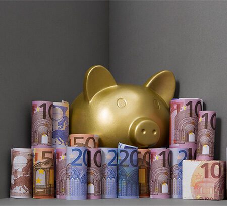 Sparschwein steht hinter einer Mauer aus Geldscheinen
