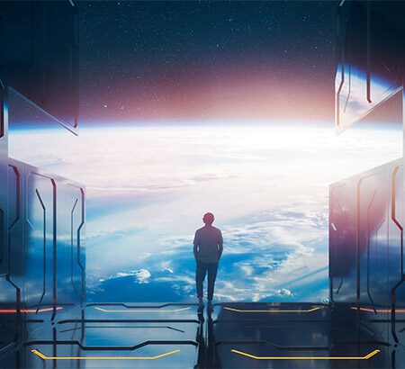 Ein Mensch steht vor einem fiktiven Fenster, hinter dem die Erde zu sehen ist.