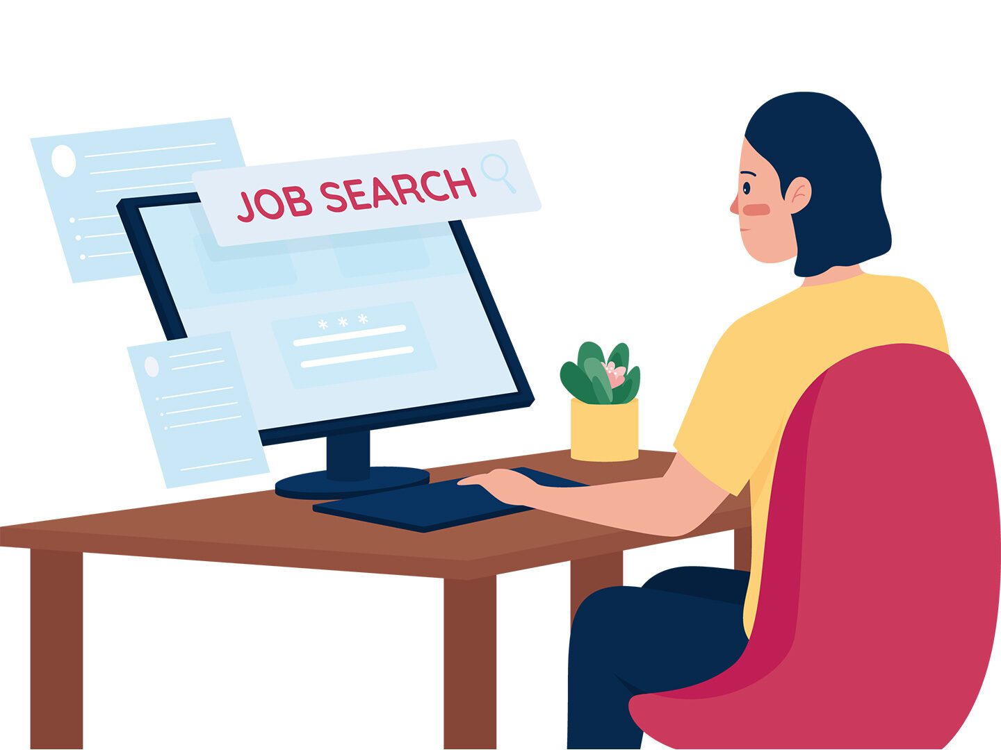 Eine Illustration einer Person, die vor einem Rechner sitzt und nach Jobs sucht.
