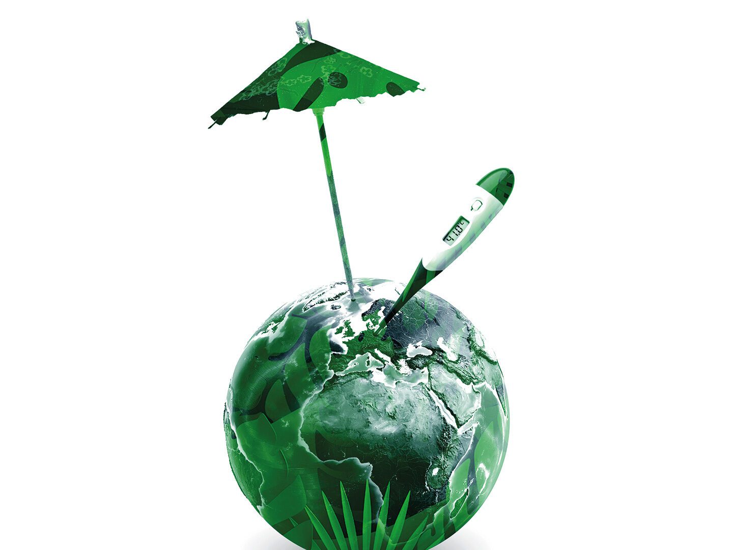 Illustration zu Netto-Null-Emissionen zeigt Weltkugel, Fieberthermometer und Sonnenschirm