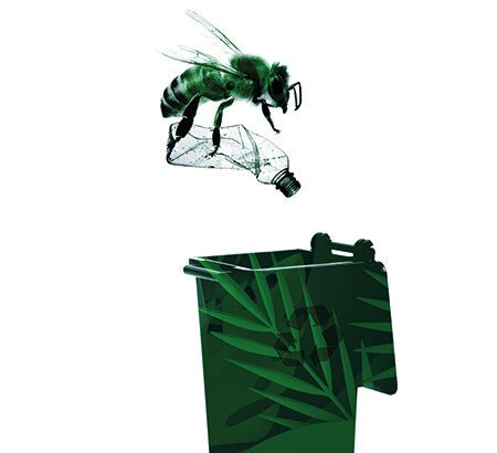 Eine Illustration einer Fliege, welche Müll in eine Tonne schmeißt.