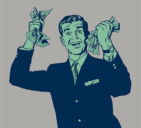 Illustration eines Mannes, der sich über Geld freut