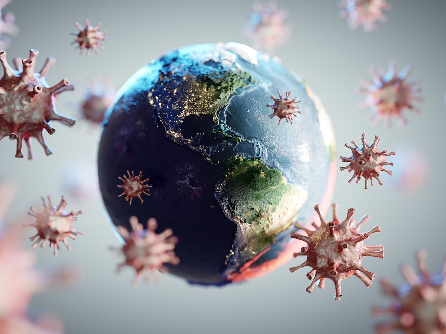 eine Weltkugel umgeben von Viren