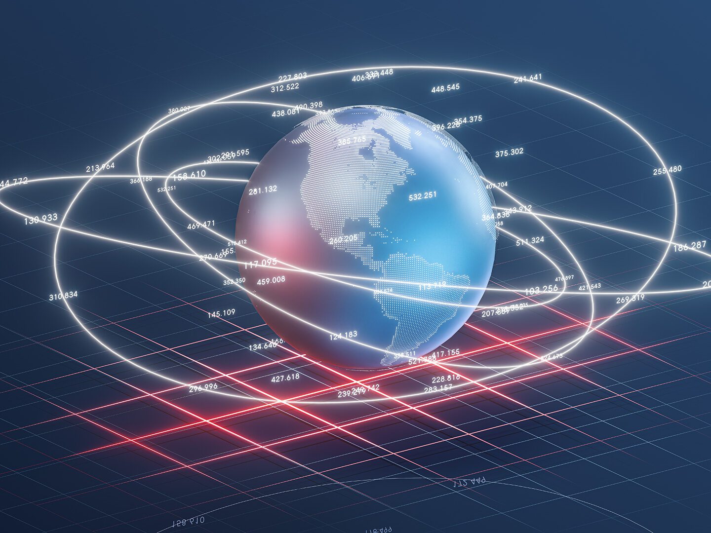 3D-Rendering von der Erde, um die Datenströme kreisen; Symbolbild für ein Business Network
