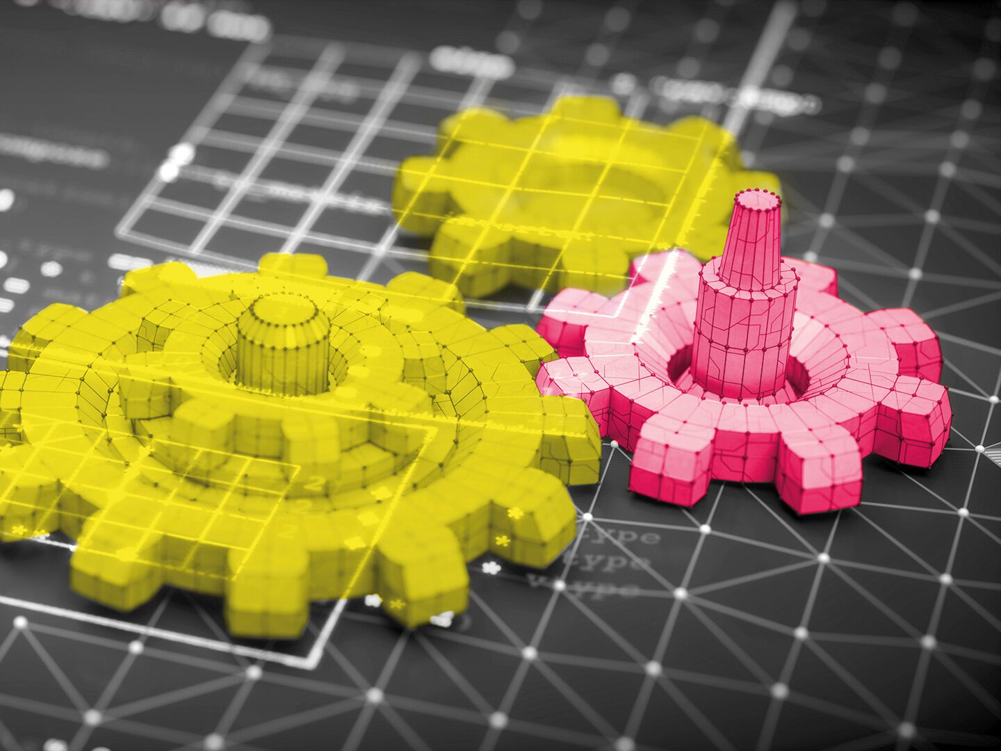 Illustration von drei digitalen Zahnrädern, die ineinandergreifen. Zwei davonb sind gelb, eines pink.