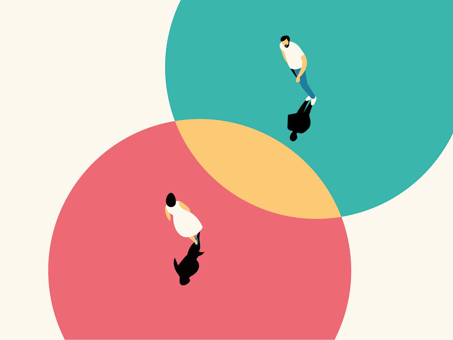 Arbeitsmarkt als Illustration; zwei Menschen stehen in zwei bunten Kreisen, die in der Mitte eine Schnittmenge bilden