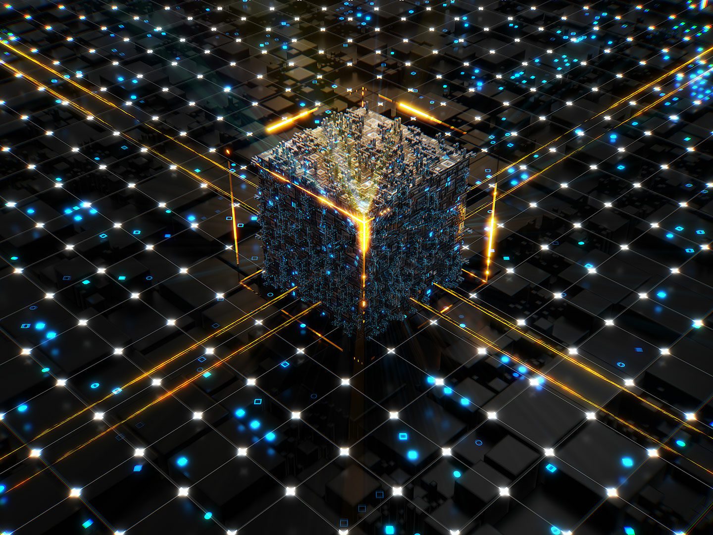 ein Würfel aus kleinsten Teilchen; Symbolbild für Quantencomputing