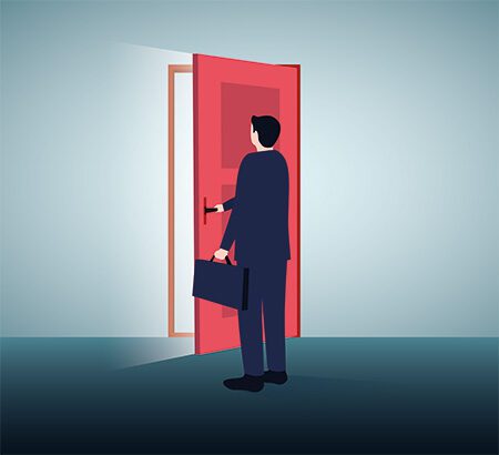 Illuistration: Mann im Anzug macht eine rote Tür auf, die für die Quirin Privatbank steht und hinter der Licht durchscheint.