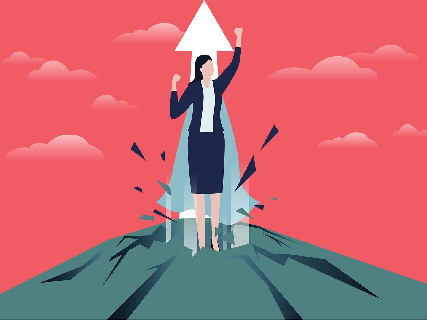 Ilustration: Frau im Business Outfit steigt raketenmäßig in die Luft; roter Hintergrund; Pfeil nach oben deuten Aufstieg an