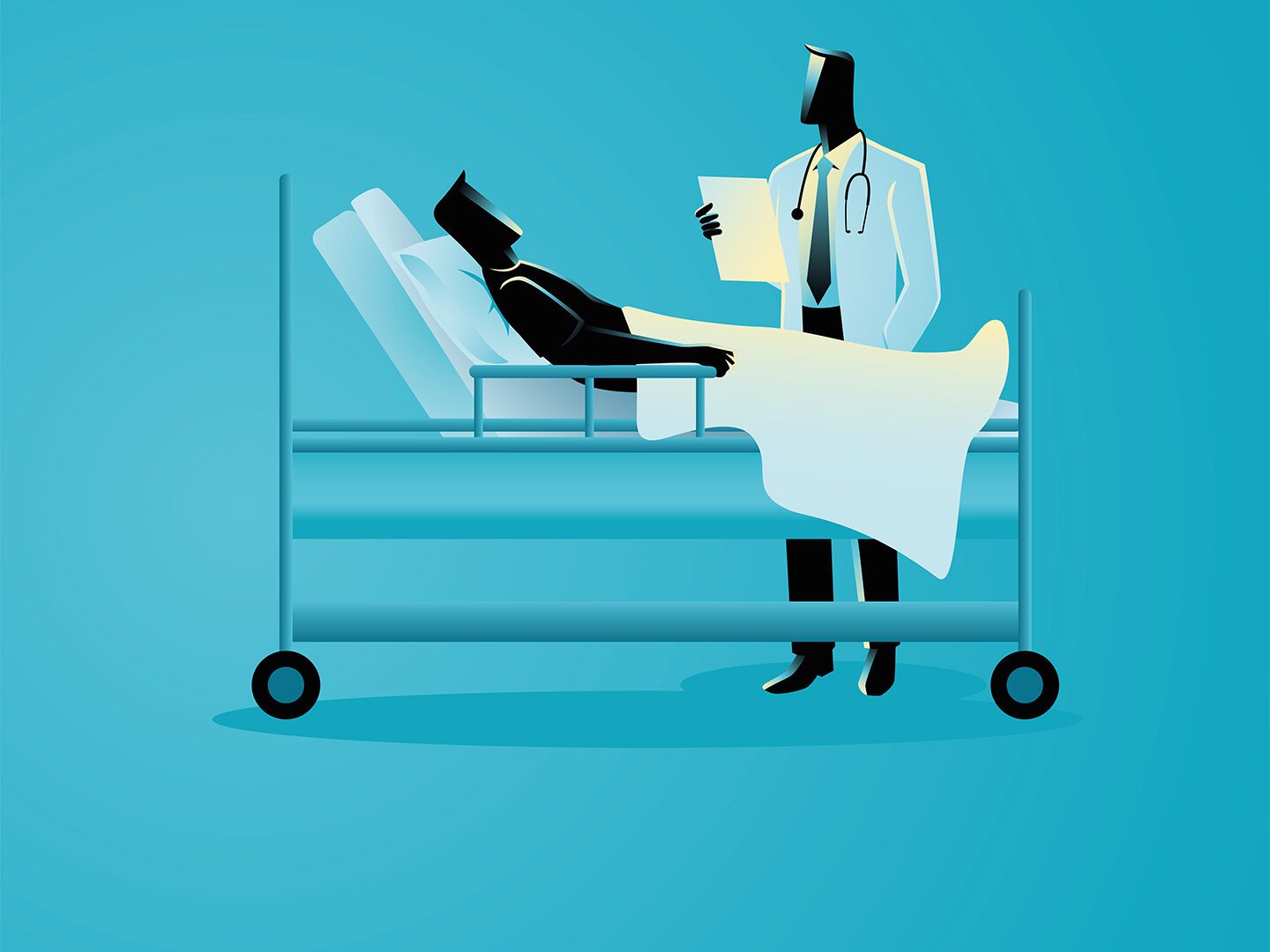 Eine Person im Ärztekittel mit einem Klemmbrett in der Hand steht an einem Bett, in dem ein Patient liegt.