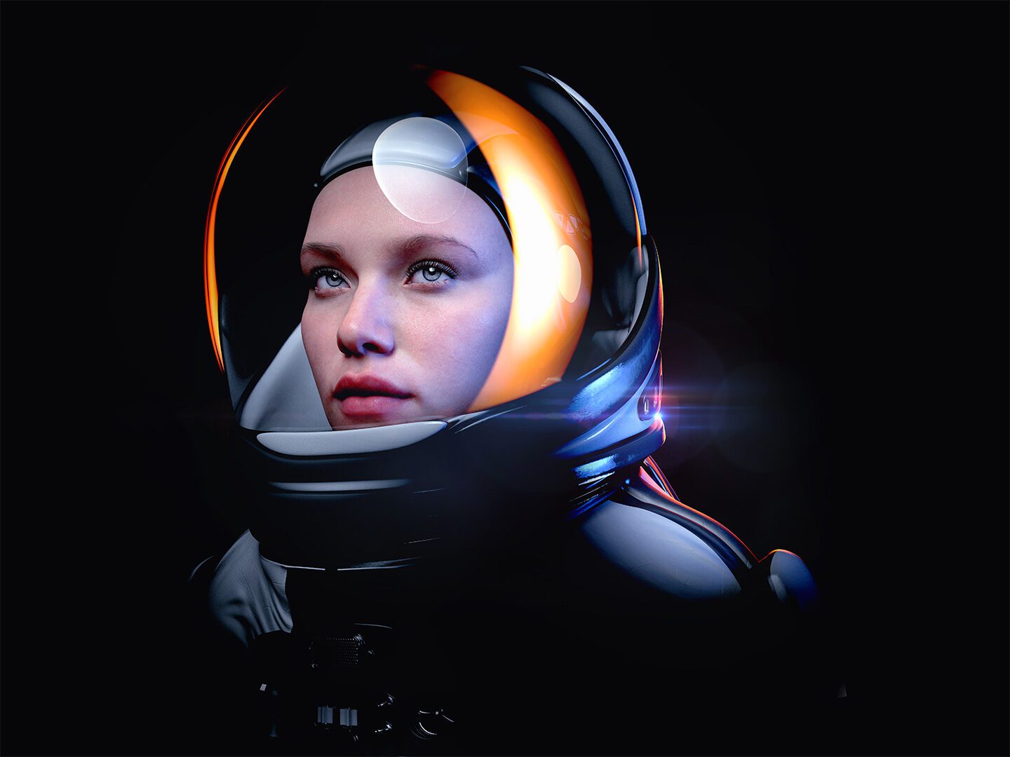 eine Astronautin schaut nach oben; dient als Symbolbild für New Space, also die Kommerzialisierung von Raumfahrt