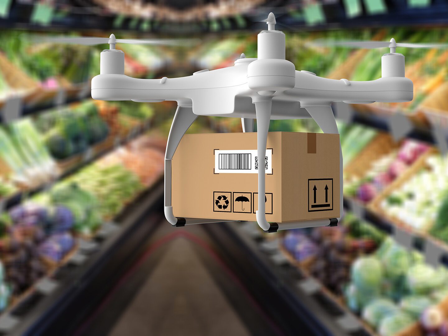 Eine Drohne im Supermarkt, die ein Paket trägt, als Symbol für die KI von mymuesli