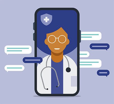 Illustration: Arzt auf einem Handy Bildschirm als Symbol für Digitale Gesundheit