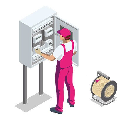 Illustration: Ein Mann, der an einem Stromkasten arbeitet als Symbol für elektrische Betriebssicherheit