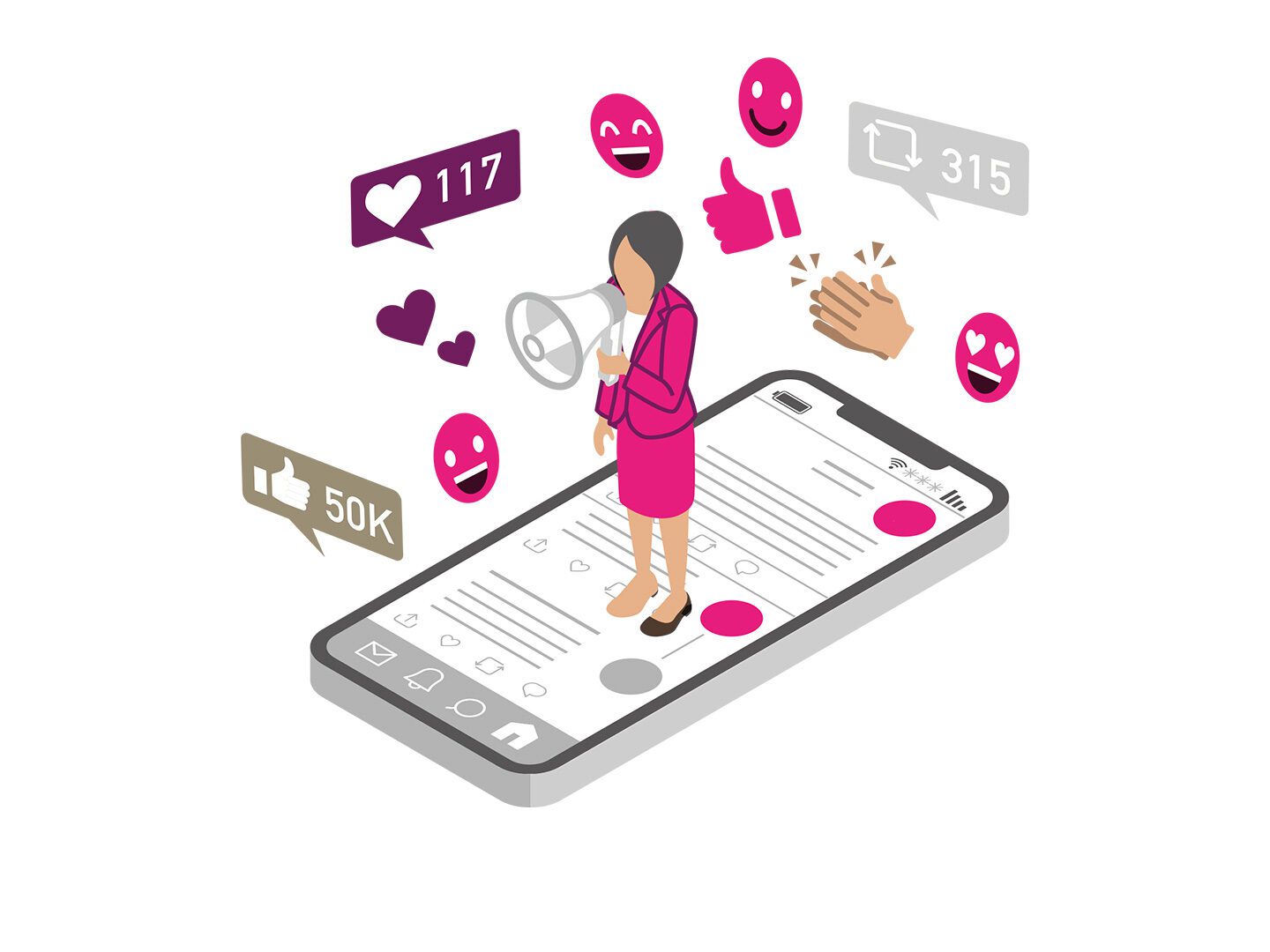 Illustration: Frau auf Smartphone, Likes & Shares als Symbol für Influencer Marketing