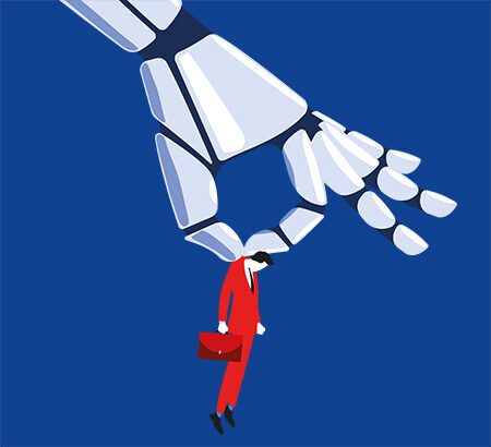 Illustration: Eine Roboterhand, die eine kleine menschliche Figur aufhebt, als Symbol für die Macht der KI