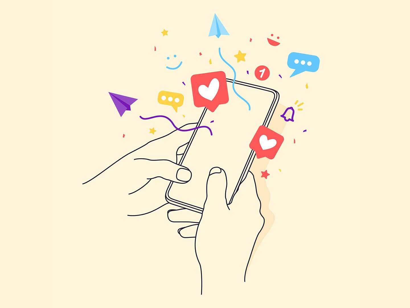 Illustration: Handy mit vielen Emojis und Reaktionen als Symbolisierung für TikTok