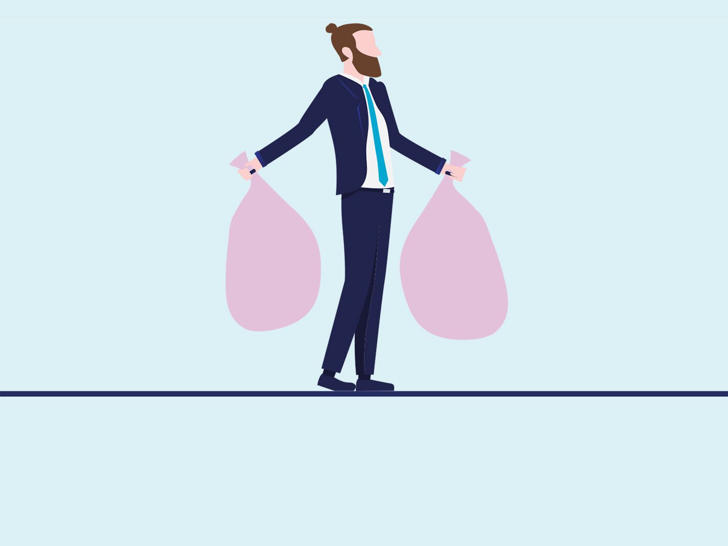 Illustration: Mann im Business-Anzug trägt zwei rosafarbene Säcke in den Händen, die das Unternehmen Cleanhub symbolisieren