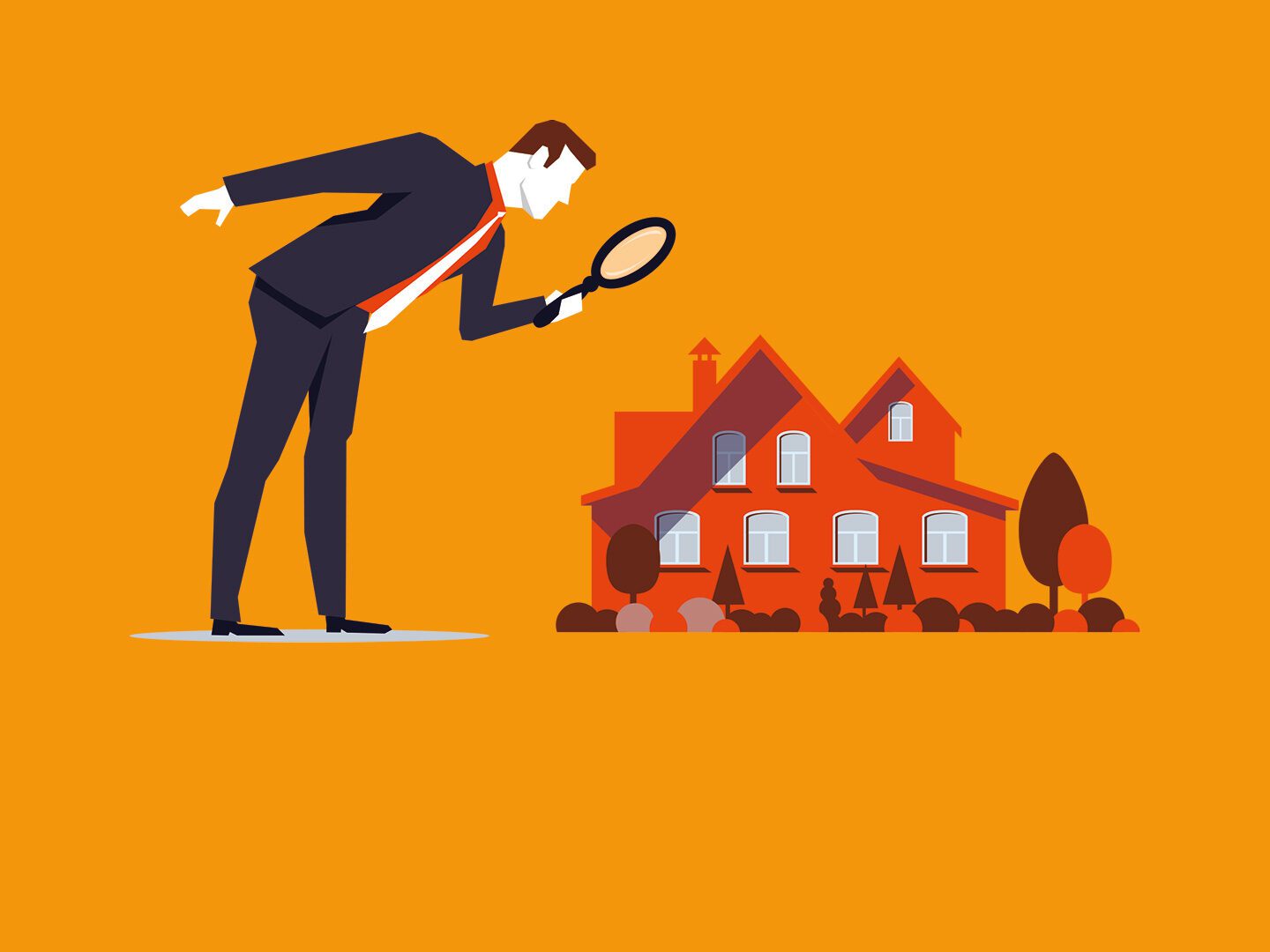 Illustration: Ein übergroßer Mann mit einer Lupe schaut auf ein rotes Mehrfamilienhaus herab, um günstiger Bauen zu symbolisieren