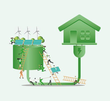 Illustration: Symbolische Darstellung nachhaltiger Bauweisen mit Windkraft und Photovoltaikanlagen der Firma Carestone