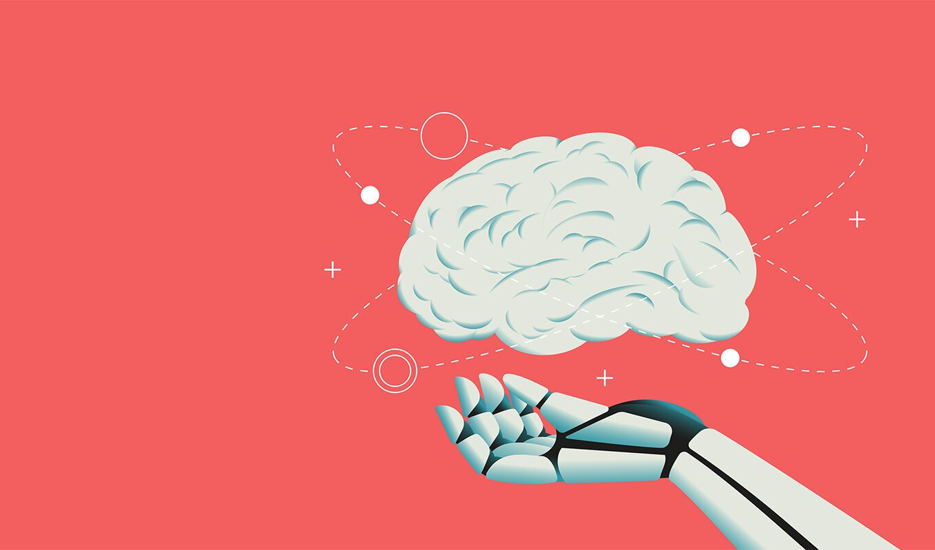 Eine Illustration eines Gehirns und einer Roboterhand, welche Künstliche Intelligenz darstellt.