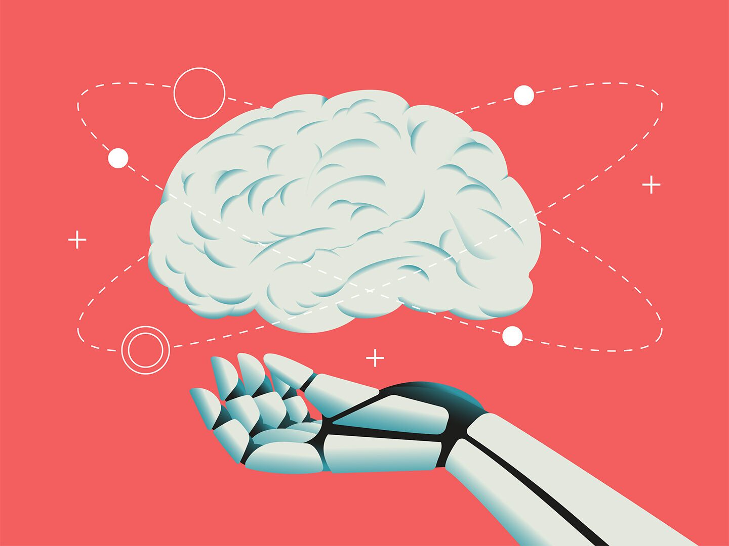 Eine Illustration eines Gehirns und einer Roboterhand, welche Künstliche Intelligenz darstellt.