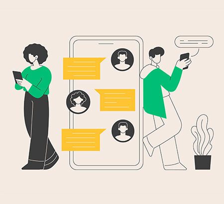 Illustration Datenschutz Threema: Zwei Personen am Smartphone, die an ein Smartphone gelehnt sind.